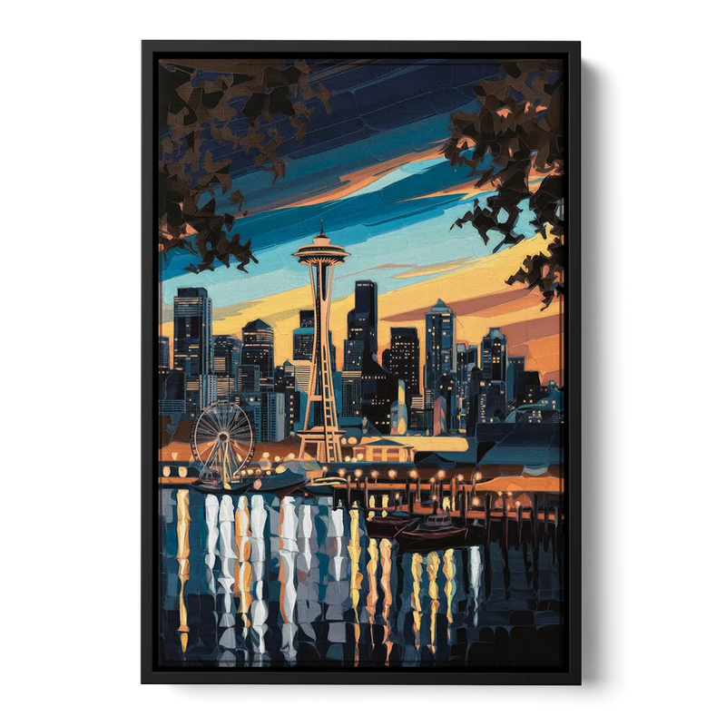 Seattle Waterfront at Twilight Front - Black Canvas Wall Art