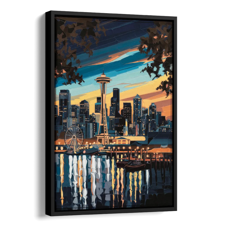 Seattle Waterfront at Twilight Side - Black Canvas Wall Art
