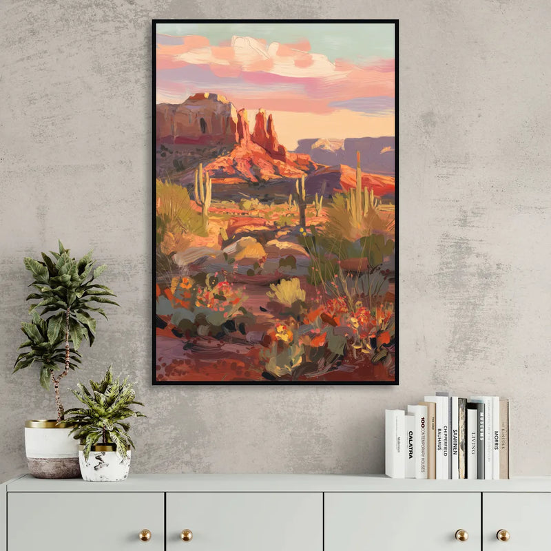 Sedona Desert Bloom Scenery Living Room - Black Canvas Wall Art