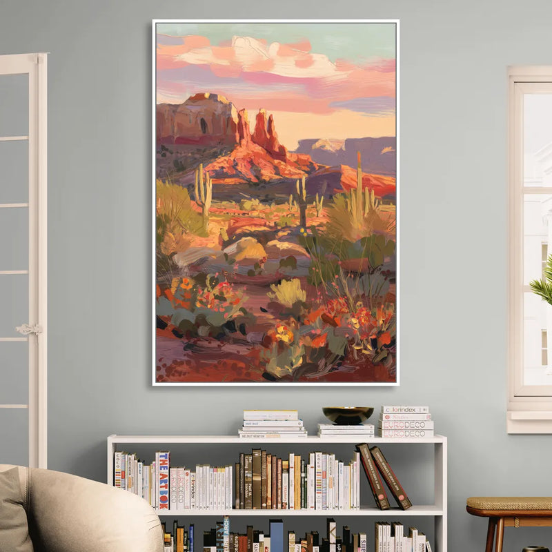Sedona Desert Bloom Scenery Living Room - White Canvas Wall Art