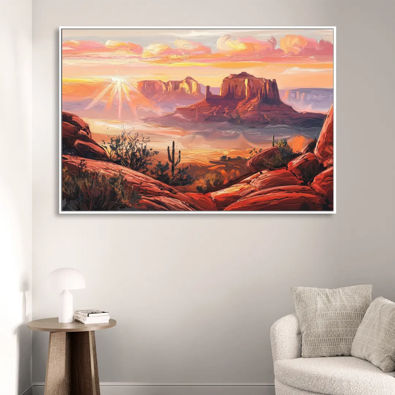 Sedona Sunrise Over Mesa Living Room - White Canvas Wall Art