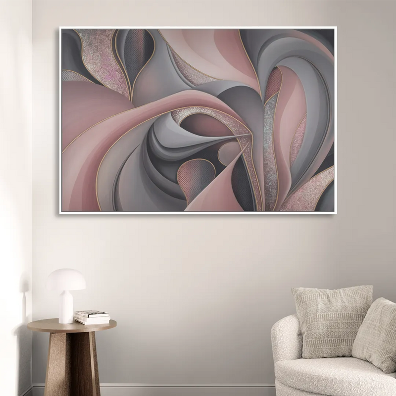 Serenade of Elegance Pink and Grey Abstract Sitting Room - White Canvas Wall Art