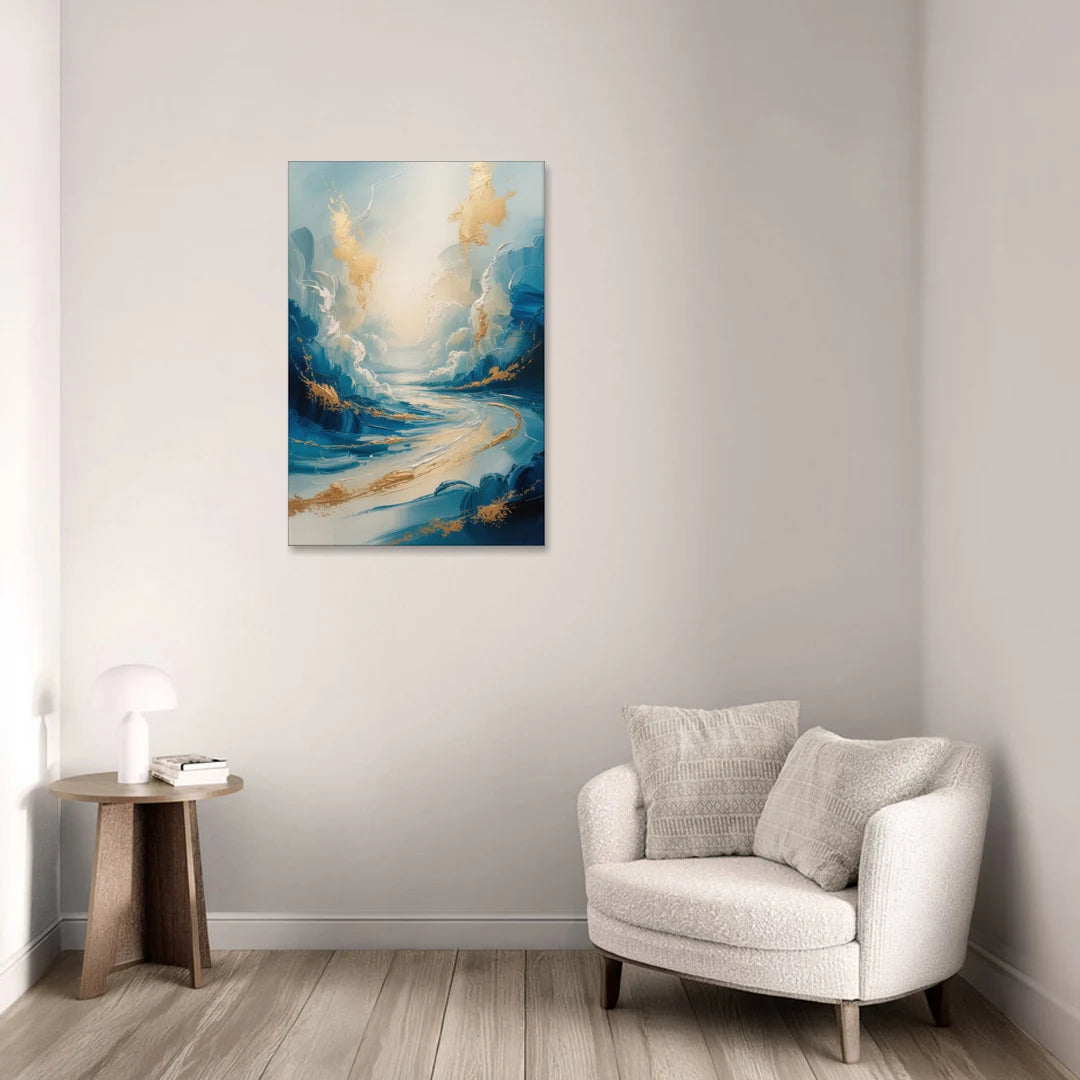Serene Azure Elegance Blue and Gold Abstract - Canvas Wall Art - Sofa - 24x36