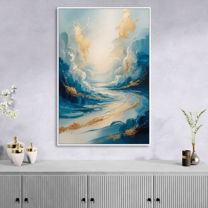 Serene Azure Elegance Blue and Gold Abstract Sitting Room - White Canvas Wall Art