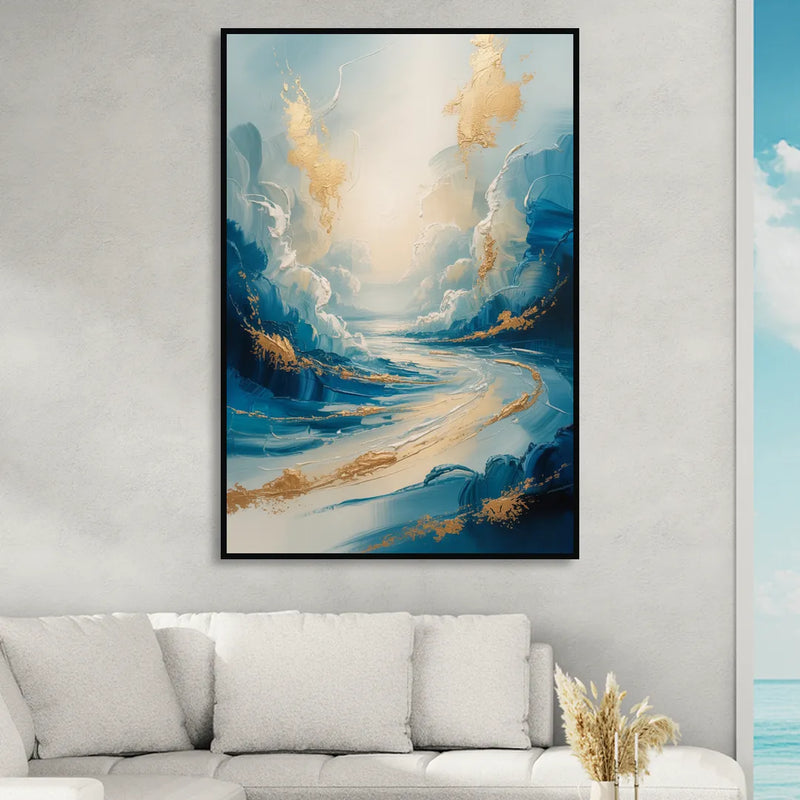 Serene Azure Elegance Blue and Gold Abstract Living Room - Black Canvas Wall Art