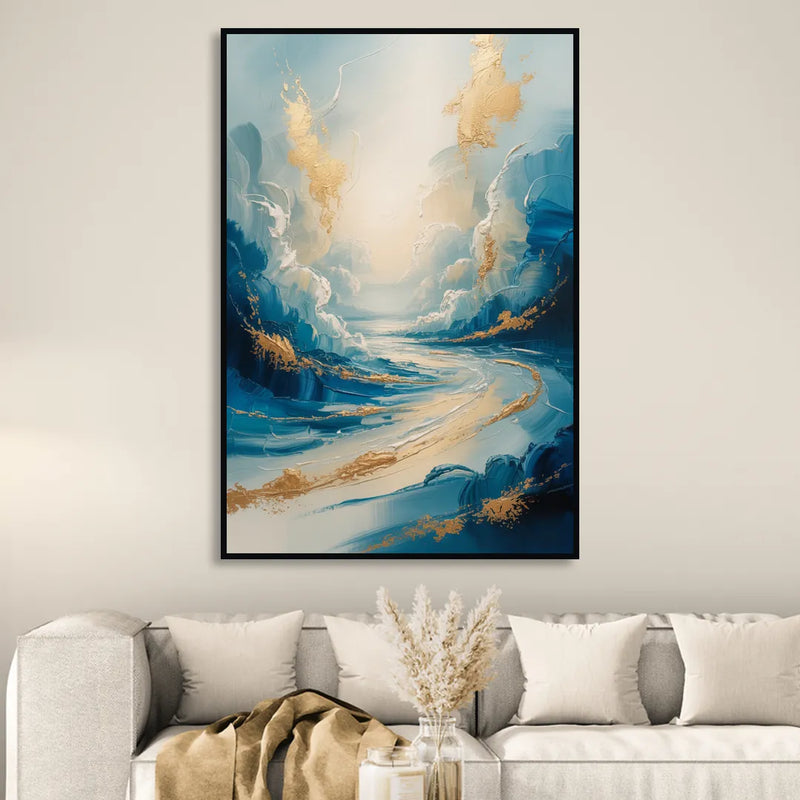 Serene Azure Elegance Blue and Gold Abstract Sitting Room - Black Canvas Wall Art