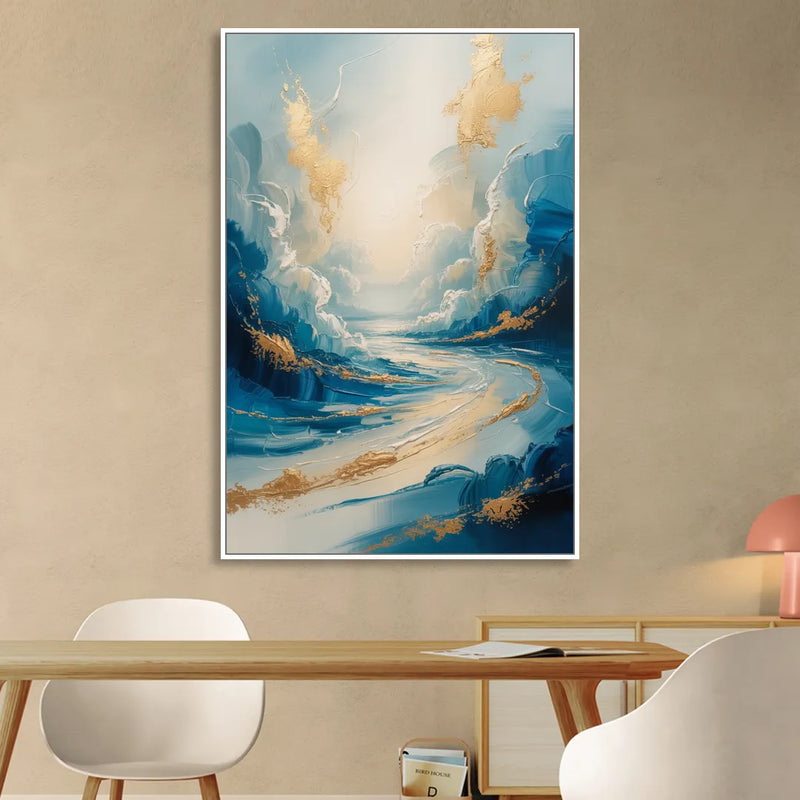 Serene Azure Elegance Blue and Gold Abstract Living Room - White Canvas Wall Art