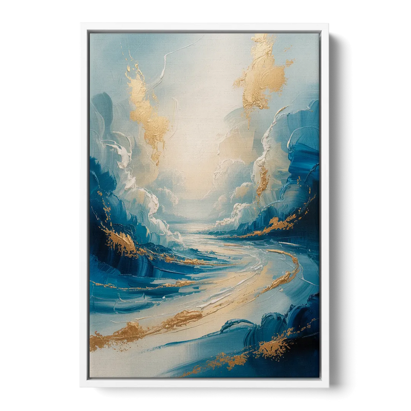 Serene Azure Elegance Blue and Gold Abstract Front - White Canvas Wall Art