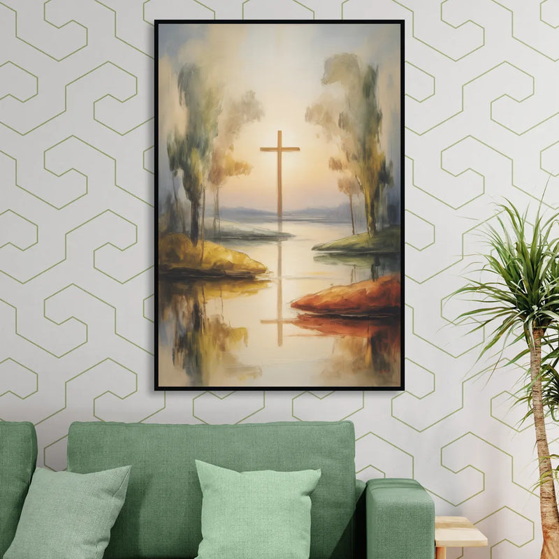 Serene Cross Landscape Abstract Christian Living Room - Black Canvas Wall Art
