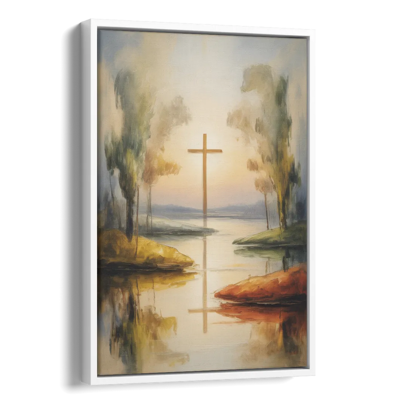 Serene Cross Landscape Abstract Christian Side - White Canvas Wall Art