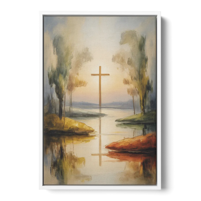 Serene Cross Landscape Abstract Christian Front - White Canvas Wall Art