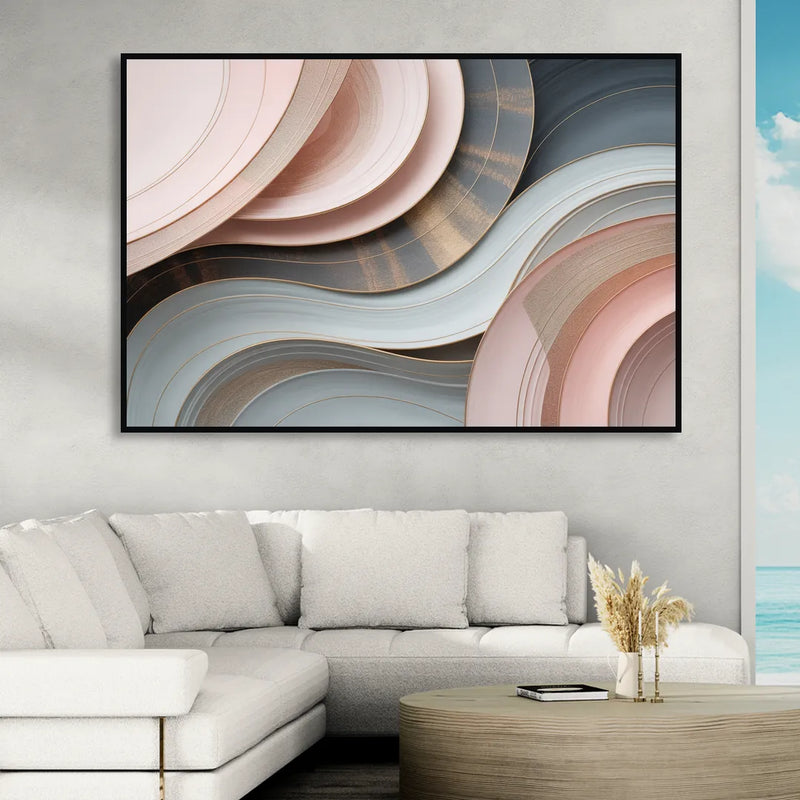 Serene Elegance Pink and Grey Abstract Sitting Room - Black Canvas Wall Art