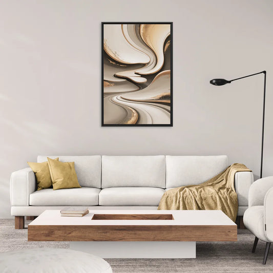 Serene Flow Beige Abstract - Living Room Black Frame Canvas