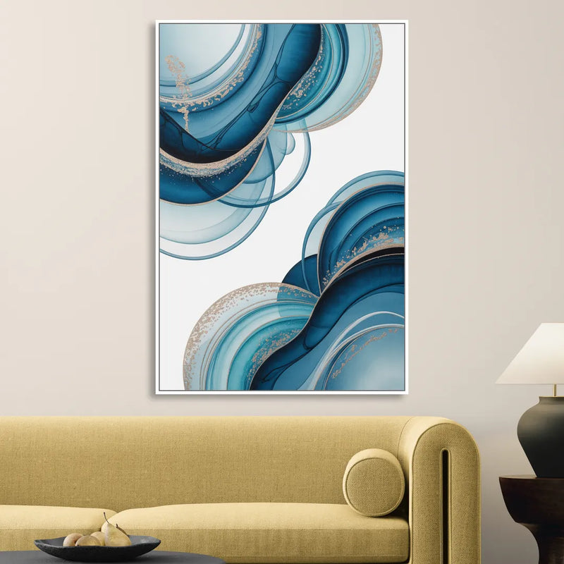 Serene Flowing Opulence Blue Abstract Living Room - White Canvas Wall Art