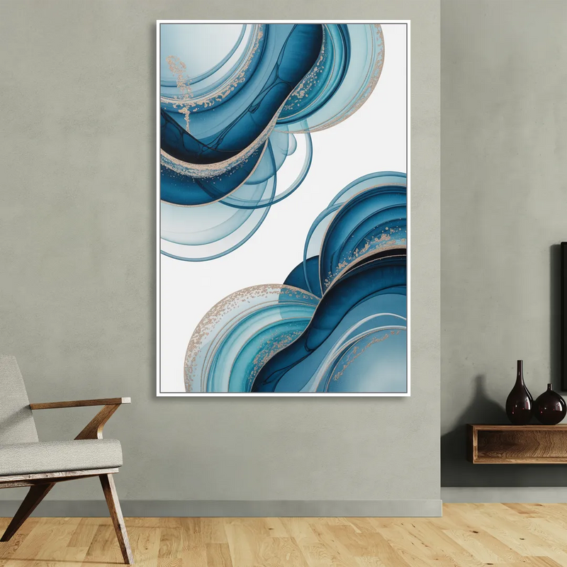 Serene Flowing Opulence Blue Abstract Sitting Room - White Canvas Wall Art