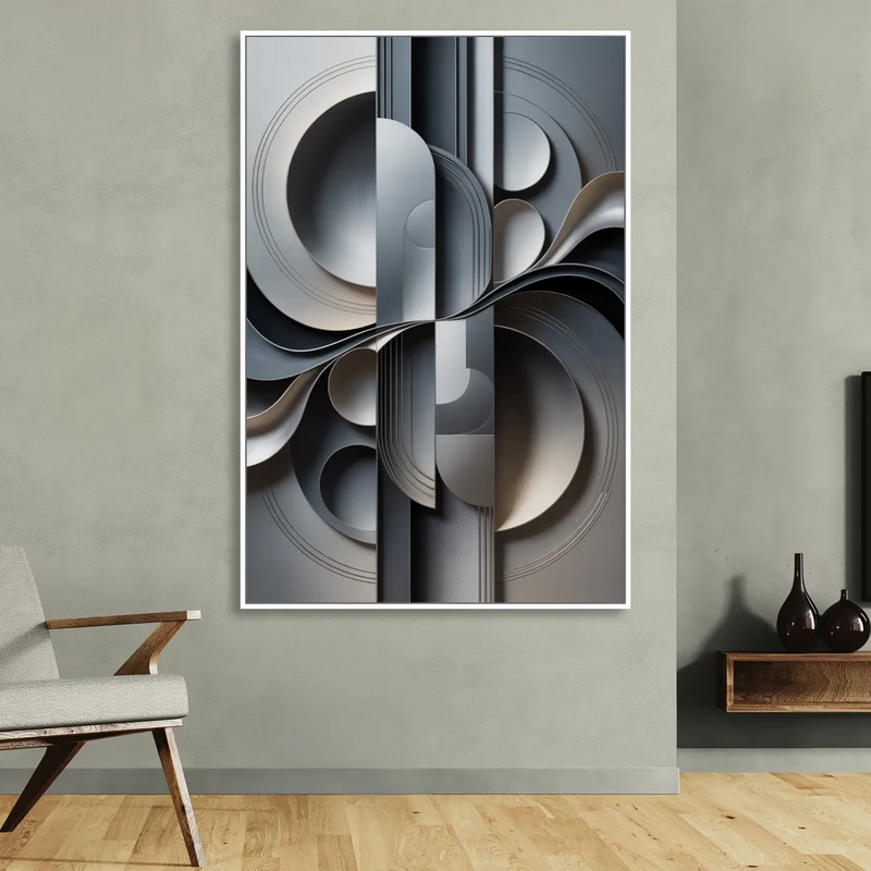 Serene Geometric Elegance Grey Abstract Living Room - White Canvas Wall Art