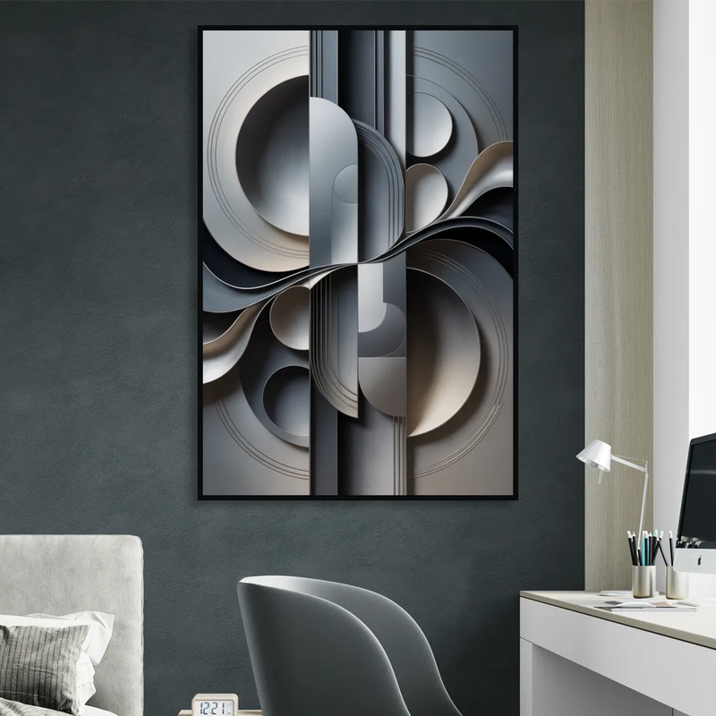 Serene Geometric Elegance Grey Abstract Living Room - Black Canvas Wall Art