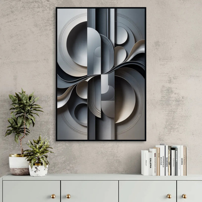 Serene Geometric Elegance Grey Abstract Sitting Room - Black Canvas Wall Art