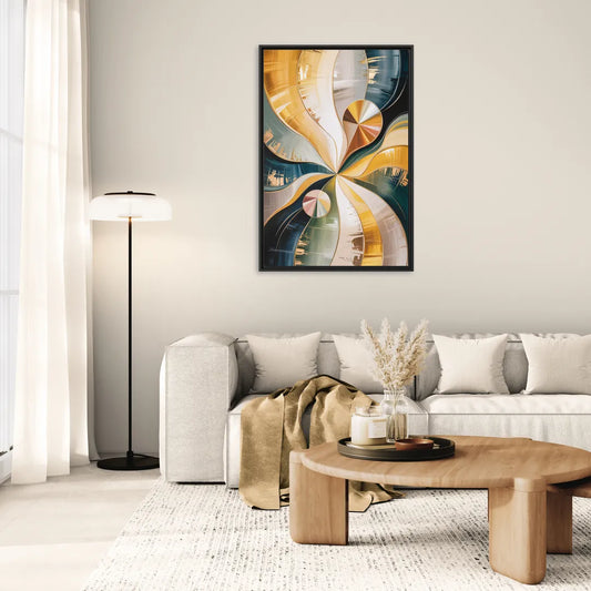 Serene Geometric Elegance Yellow and Grey Abstract - Living Room Black Frame Canvas