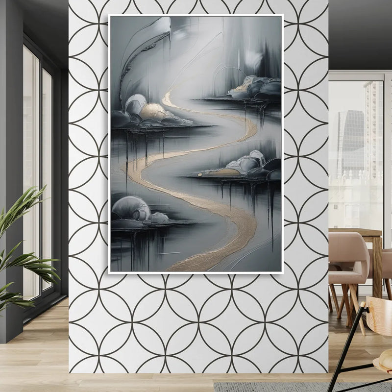 Serene Landscape Grey Abstract Living Room - White Canvas Wall Art