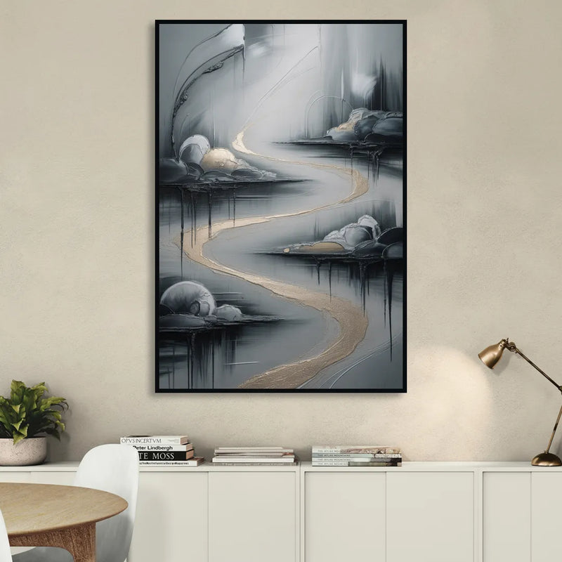 Serene Landscape Grey Abstract Sitting Room - Black Canvas Wall Art