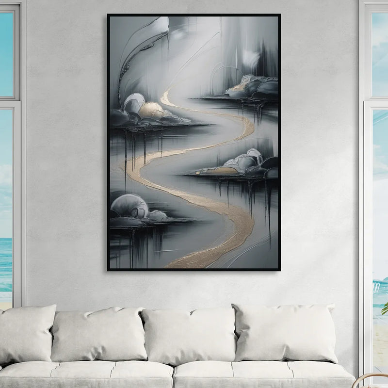 Serene Landscape Grey Abstract Living Room - Black Canvas Wall Art