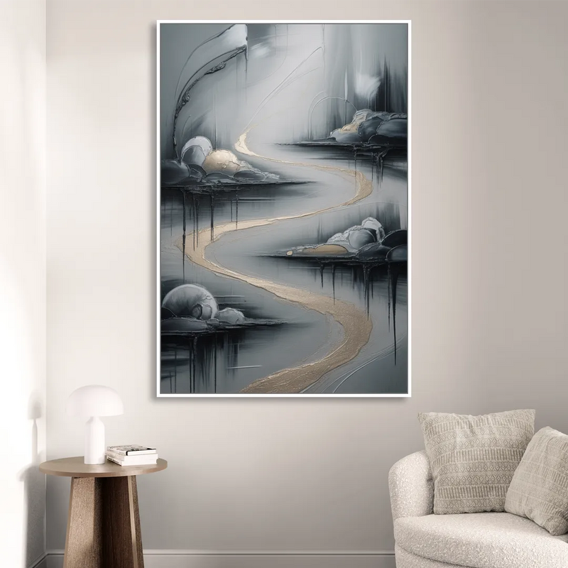 Serene Landscape Grey Abstract Sitting Room - White Canvas Wall Art