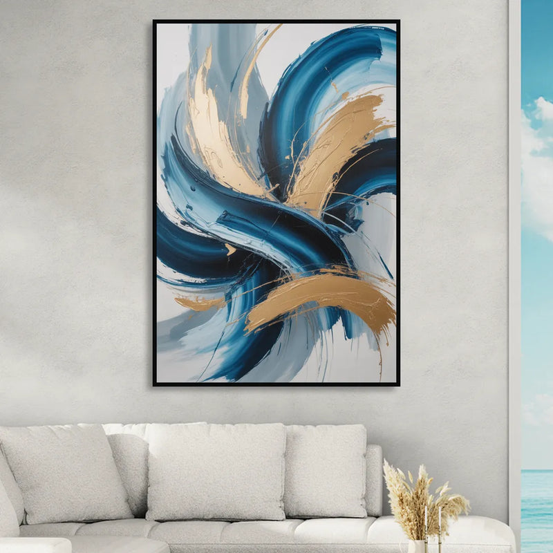 Serene Opulence Blue and Gold Abstract Sitting Room - Black Canvas Wall Art