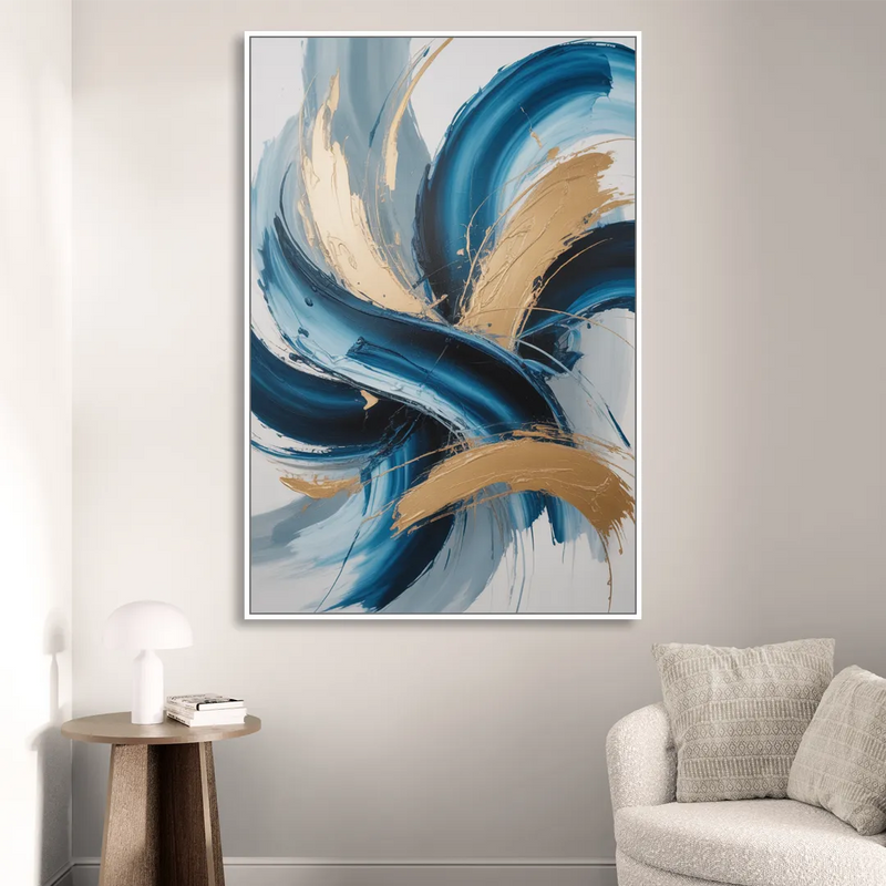 Serene Opulence Blue and Gold Abstract Living Room - White Canvas Wall Art