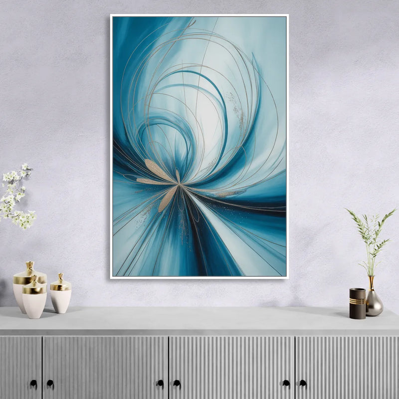 Serene Vortex Blue Abstract Sitting Room - White Canvas Wall Art