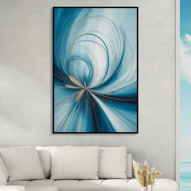 Serene Vortex Blue Abstract Living Room - Black Canvas Wall Art