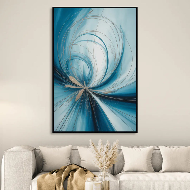Serene Vortex Blue Abstract Sitting Room - Black Canvas Wall Art