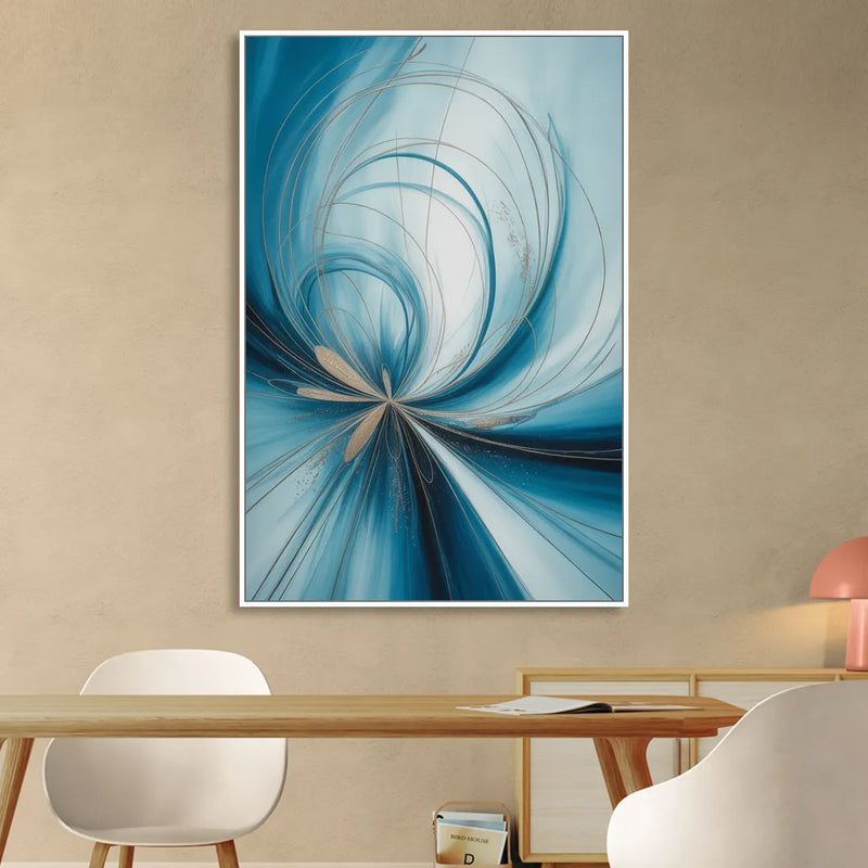 Serene Vortex Blue Abstract Living Room - White Canvas Wall Art