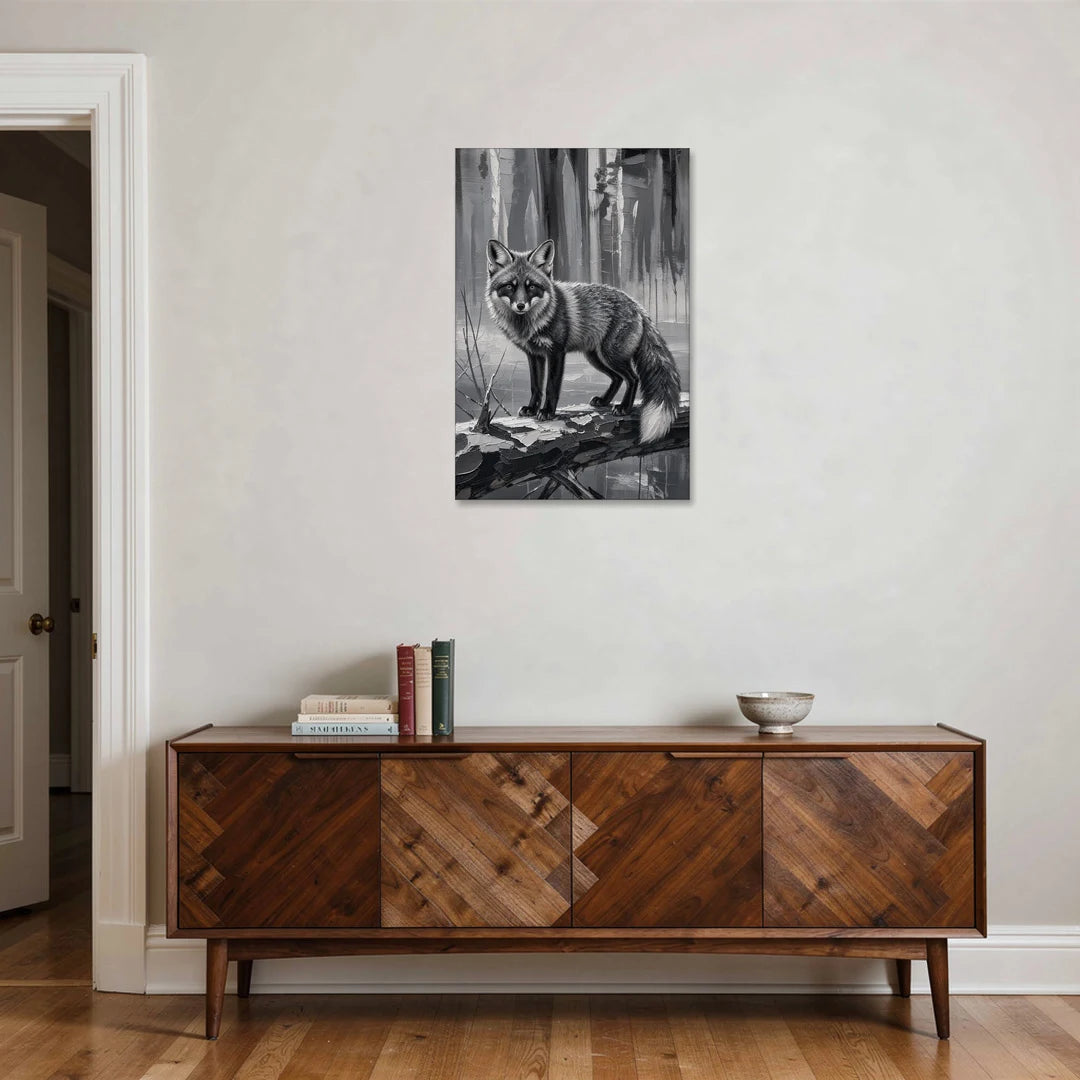 Silver Fox on the Fallen Log - Canvas Wall Art - Coffee Table - 24x36