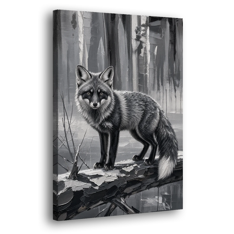 Black and White Silver Fox on the Fallen Log - Canvas Wall Art