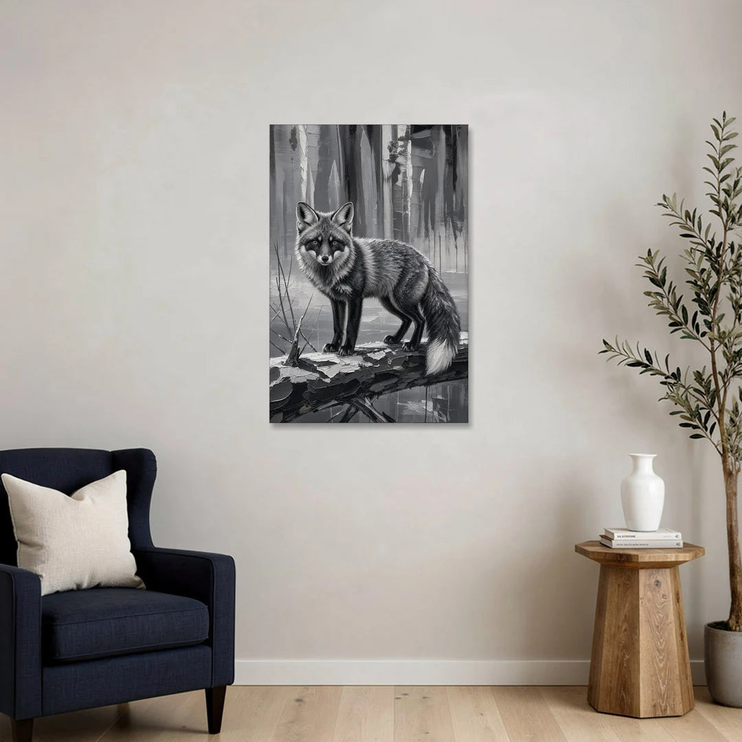 Silver Fox on the Fallen Log - Canvas Wall Art - Sofa - 24x36