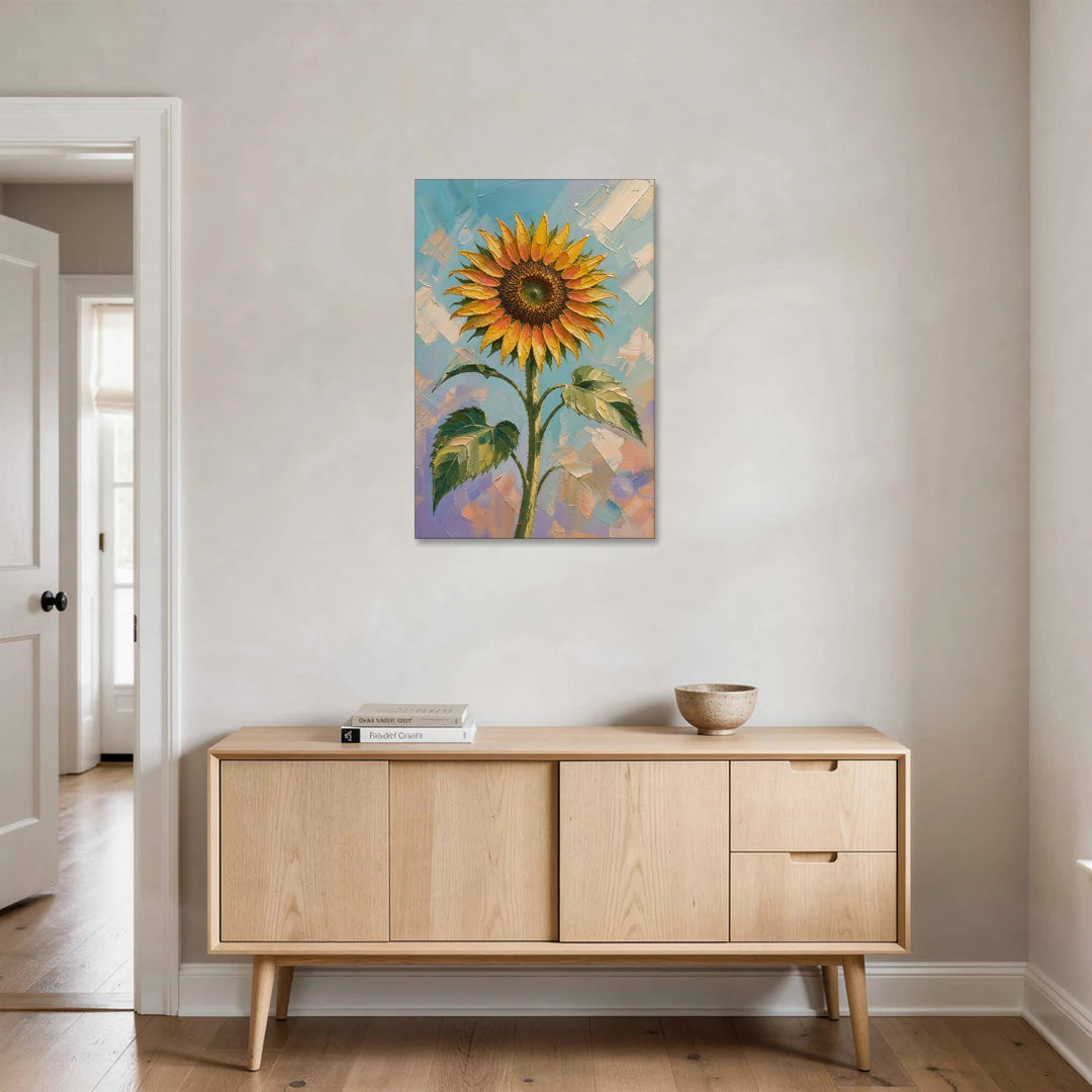 Single Sunflower Painting Against Violet Sky - Canvas Wall Art - Coffee Table - 24x36