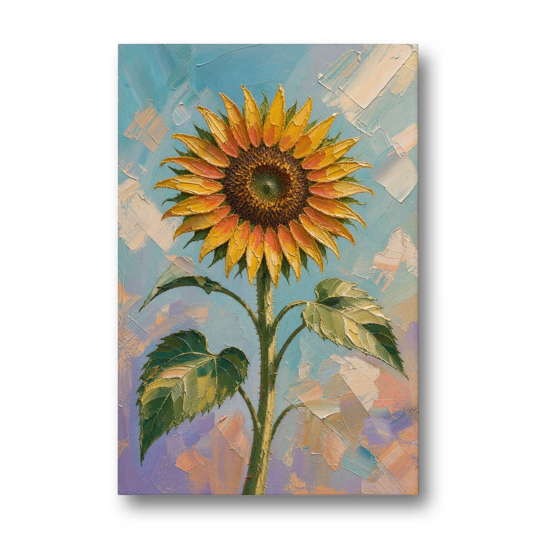 Single Sunflower Painting Against Violet Sky - Canvas Wall Art - Front