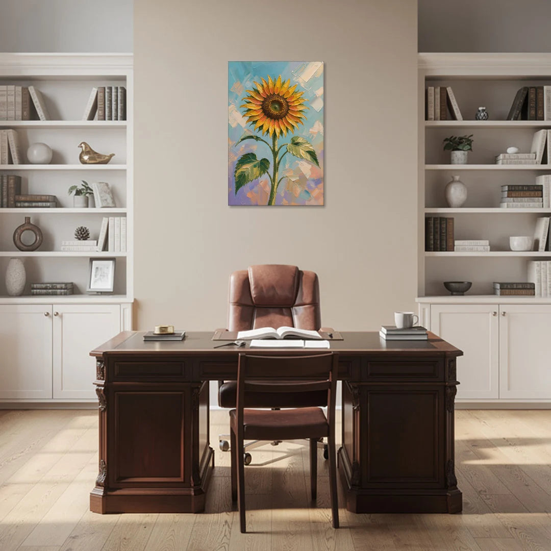 Single Sunflower Painting Against Violet Sky - Canvas Wall Art - Office - 24x36