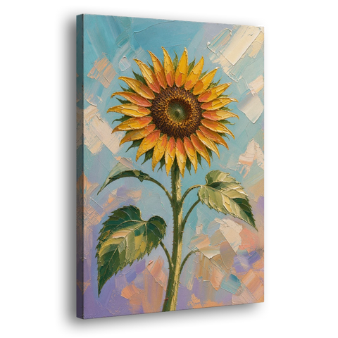 Single Sunflower Painting Against Violet Sky - Canvas Wall Art