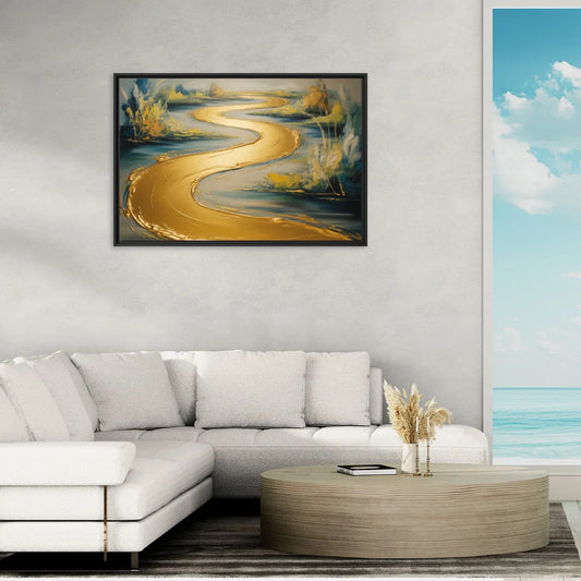 Sinuous River Gold Abstract - Living Room Black Frame Canvas