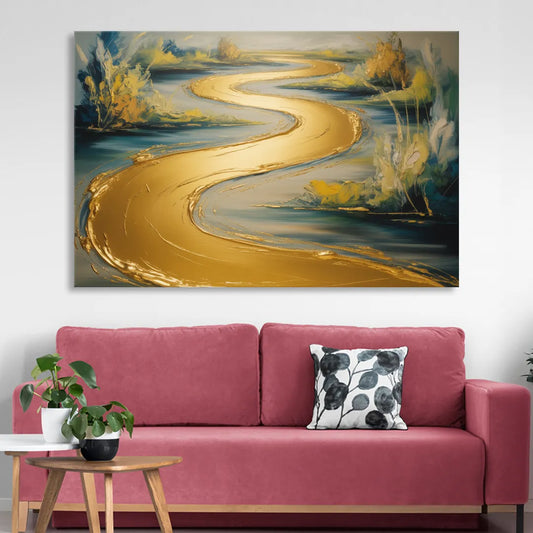 Sinuous River Gold Abstract Living Room - Canvas Wall Art
