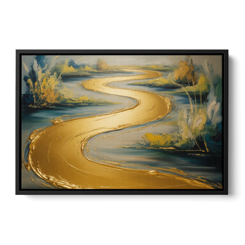 Sinuous River Gold Abstract Front - Black Canvas Wall Art