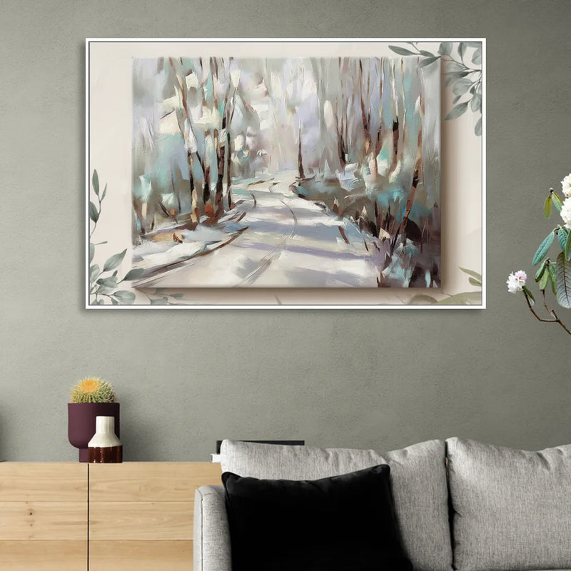Sitka Tree Lined Trails Sitting Room - White Canvas Wall Art