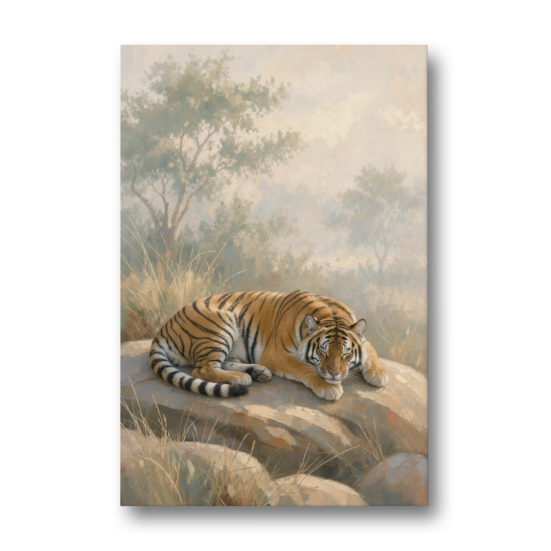 Sleeping Tiger Painting in Morning Haze - Canvas Wall Art - Front