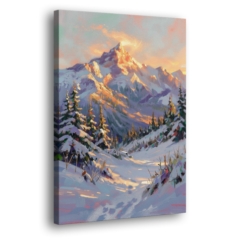 Snowy Mountain Painting at Last Light - Canvas Wall Art