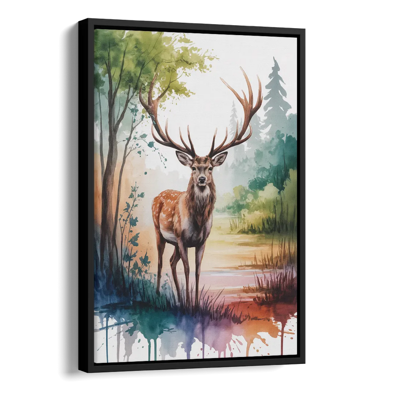 Soft Watercolor Deer Side - Black Canvas Wall Art