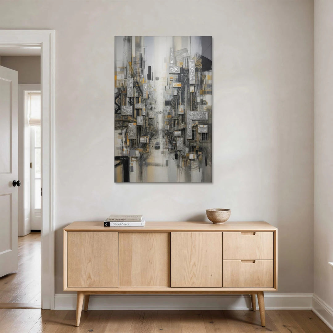 Sophisticated Cityscape Grey and Silver Abstract - Canvas Wall Art - Coffee Table - 32x48