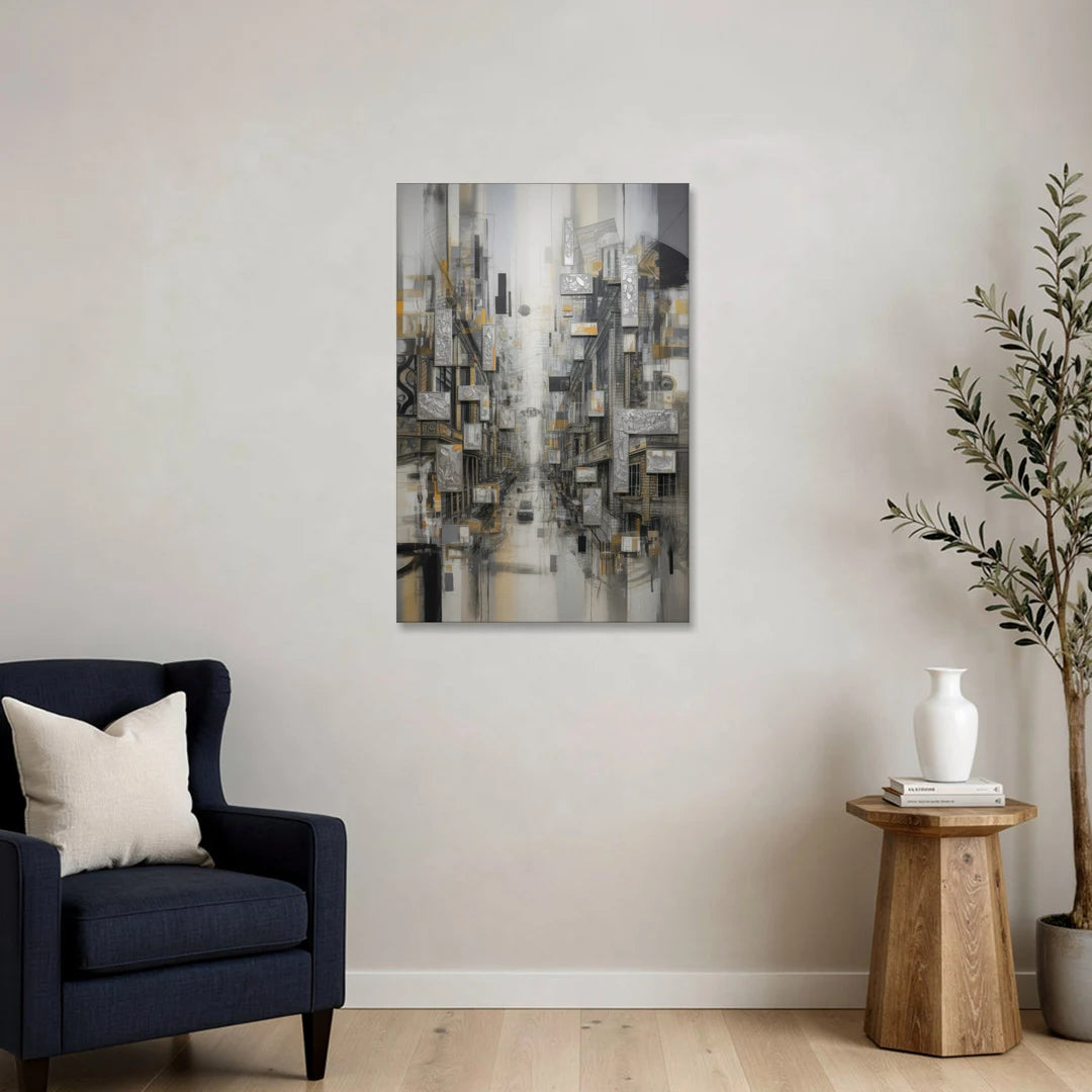Sophisticated Cityscape Grey and Silver Abstract - Canvas Wall Art - Sofa - 24x36