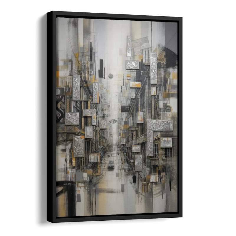 Sophisticated Cityscape Grey and Silver Abstract Side - Black Canvas Wall Art
